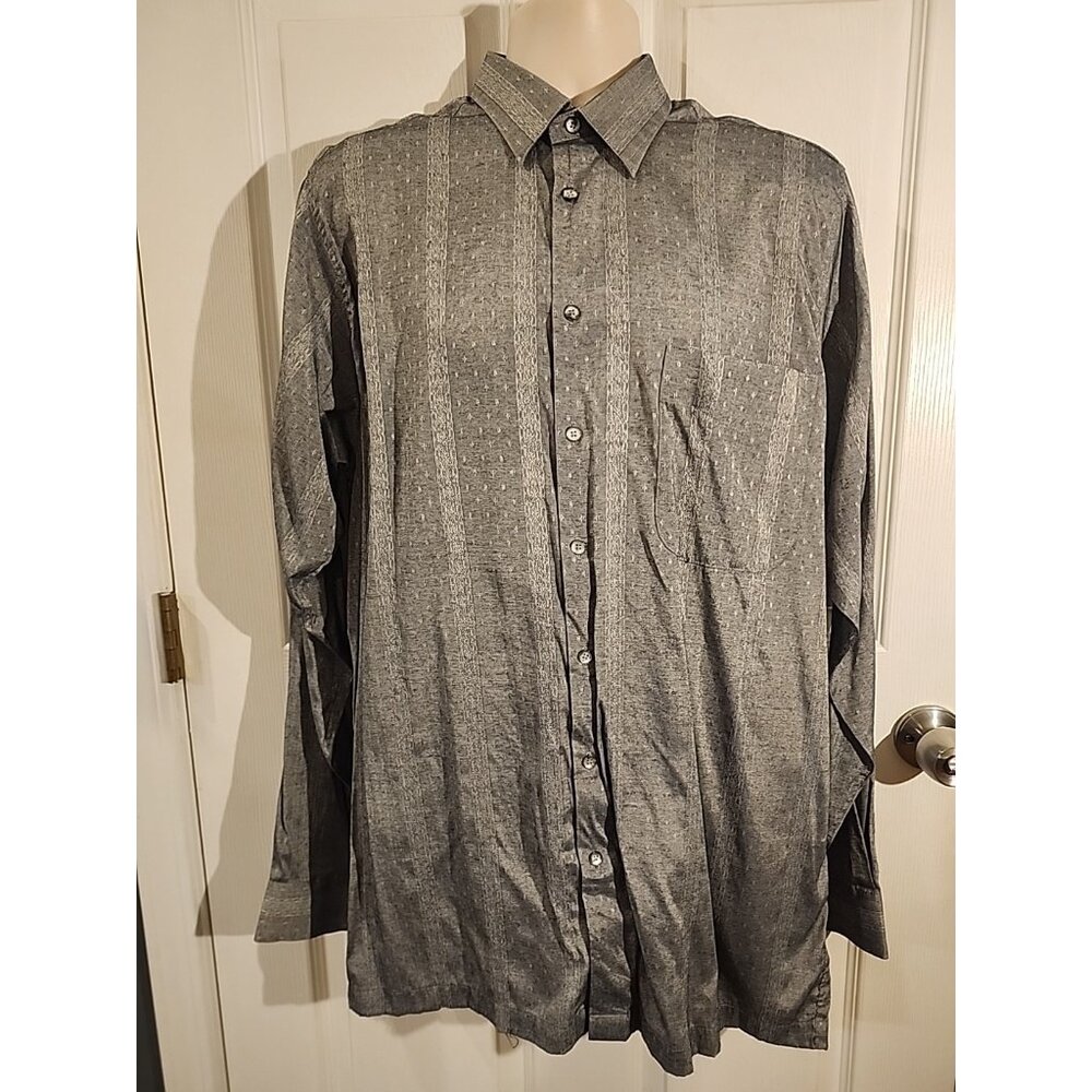 Vintage~D’Avila~Subtle Lacy Stripe~Shiny~Gray-Blue~Button-Up~Silky~Shirt~L-Tall